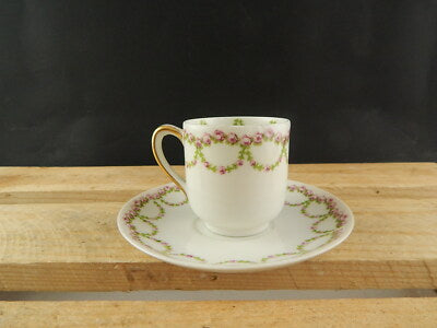 ANTICA TAZZA PORCELLANA ART NOUVEAU LIBERTY GDA LIMOGES PRIMO 900 GHIRLANDE ROSE