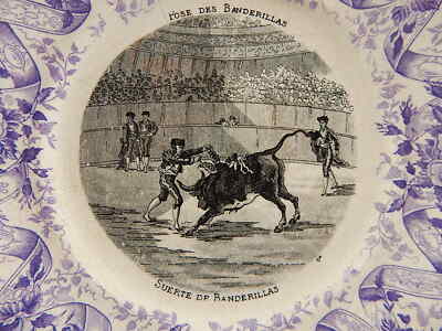 ANTICO PIATTO CERAMICA SARREGUEMINES 1800 LA CORRIDA POSE DE BANDERILLAS