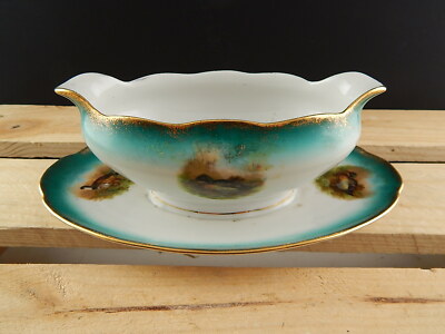 ANTICA FINE 800 SALSIERA PORCELLANA AUSTRIA VIENNA VERDE E ORO DIPINTA ANATRE