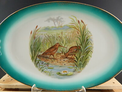 ANTICO 1800 VASSOIO PIATTO OVALE PORCELLANA AUSTRIA VIENNA VERDE ORO BECCACCE