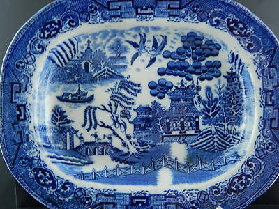 ANTICO VASSOIO CERAMICA TRANSFERWARE WILLOW BIANCO BLU MADE IN ENGLAND 1900