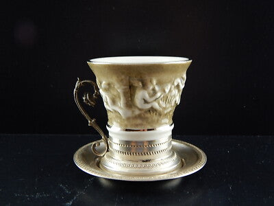 PREZIOSA TAZZINA BASE E PIATTINO ARGENTO 800 PORCELLANA MAS REGIO CAPODIMONTE