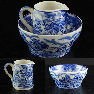 ANTICO SET LATTIERA ZUCCHERIERA ENOCH WOODS & SONS CERAMICA BLU ENGLISH SCENERY