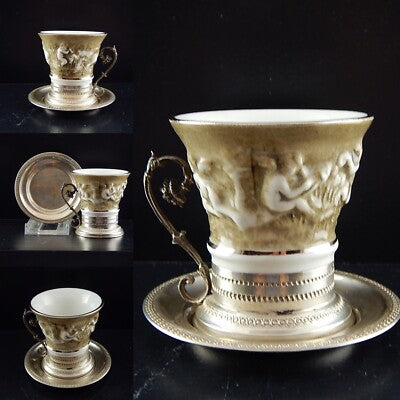PREZIOSA TAZZINA BASE E PIATTINO ARGENTO 800 PORCELLANA MAS REGIO CAPODIMONTE