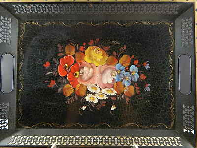 VINTAGE RETRO AUTENTICO VASSOIO GUANTIERA INGLESE METALLO DIPINTO FLOREALE