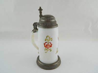 ANTICO PREZIOSO BIEDERMEIER XIX SECOLO BOCCALE BIRRA VETRO OPALINO DIPINTO MANO#