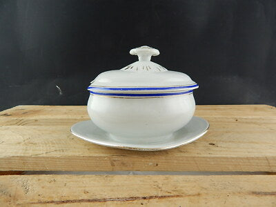 ANTICA SALSIERA CON COPERCHIO CERAMICA BIANCA E BLU LAVENO 1913 VERBANUM STONE