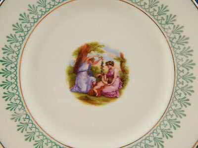 ANTICO PIATTO IMPERO PORCELLANA BIANCA DECORO PALMETTE VERDI DIPINTO A. KAUFFMAN