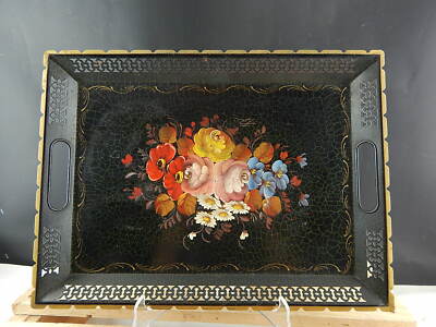 VINTAGE RETRO AUTENTICO VASSOIO GUANTIERA INGLESE METALLO DIPINTO FLOREALE