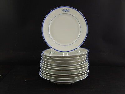 ANTICO SERVIZIO 12 PIATTI PORCELLANA DI PARIGI PROFILI BLU FINE 800 MONOGRAMMA