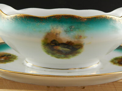 ANTICA FINE 800 SALSIERA PORCELLANA AUSTRIA VIENNA VERDE E ORO DIPINTA ANATRE