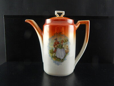 ANTICO SET DA CAFFÈ PORCELLANA DECORO A LUSTRO ARANCIO SCENA GALANTE FINE 800