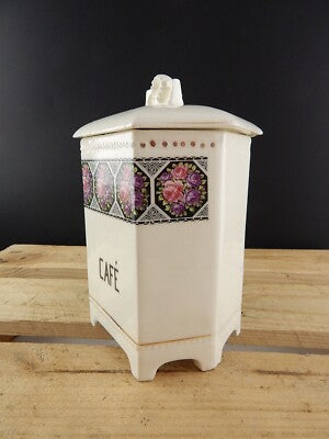 ANTICO LIBERTY BARATTOLO CUCINA CAFE' CAFFE' CERAMICA DECORATA CON ROSE