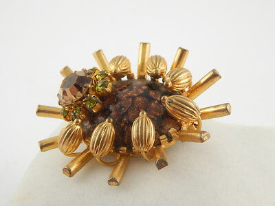 ANTICA SPILLA GIOIELLO INSETTO VITTORIANA INGLESE DORATA CON CRISTALLI CITRINI