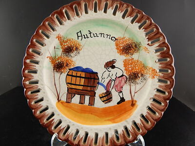 PIATTO DECORATIVO TRAFORATO MAIOLICA CERAMICA BASSANO NOVE DIPINTO MANO AUTUNNO