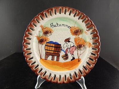 PIATTO DECORATIVO TRAFORATO MAIOLICA CERAMICA BASSANO NOVE DIPINTO MANO AUTUNNO