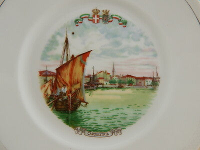 ANTICO PIATTO PORCELLANA GINORI CITTA' REDENTE CAPODISTRIA 1919 STEMMA SABAUDO