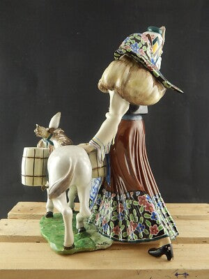 ANTICA SCULTURA TIZIANO GALLI MADE IN ITALY CERAMICA FINE ANNI 30 DONNA E ASINO