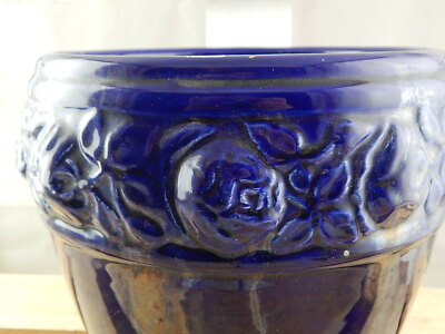 ANTICO ARTIGIANALE CACHE POT VASO JARDINIERE MAIOLICA CERAMICA SMALTATO BLU 1733