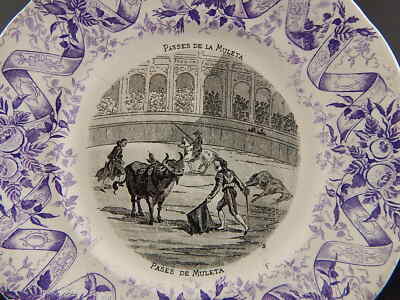 ANTICO PIATTO CERAMICA SARREGUEMINES 1800 LA CORRIDA PASSES DE LA MULETAS