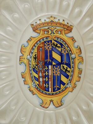 VINTAGE PIATTO OVALE VASSOIO MAIOLICA ITALIA CASTEL DURANTE DIPINTO MANO STEMMA