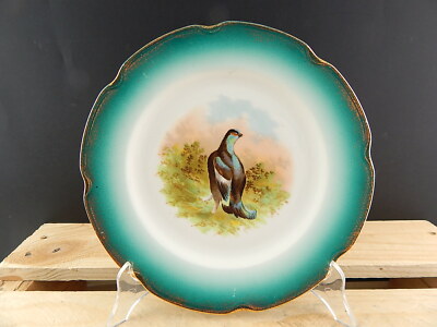 ANTICO FINE 800 PIATTO PORCELLANA AUSTRIA VIENNA VERDE E ORO DIPINTO UCCELLO