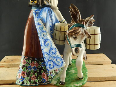 ANTICA SCULTURA TIZIANO GALLI MADE IN ITALY CERAMICA FINE ANNI 30 DONNA E ASINO