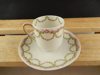 ANTICA TAZZA PORCELLANA ART NOUVEAU LIBERTY GDA LIMOGES PRIMO 900 GHIRLANDE ROSE