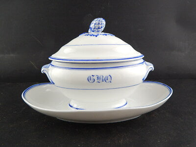 ANTICO PREZIOSA SALSIERA PORCELLANA DI PARIGI PROFILI BLU FINE 800 MONOGRAMMA