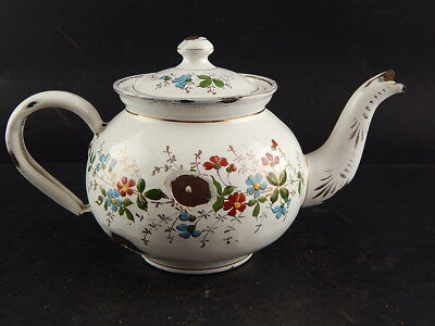 ANTICA RARA TEIERA LATTA SMALTATA ANNI 20 DECORO FLOREALE DIPINTO MANO FRANCESE