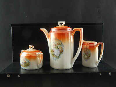 ANTICO SET DA CAFFÈ PORCELLANA DECORO A LUSTRO ARANCIO SCENA GALANTE FINE 800