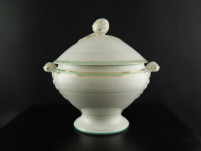 ANTICA RARA ZUPPIERA PORCELLANA VIEUX PARIGI BIANCA PROFILI VERDI E ORO FINE 800