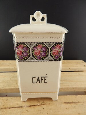 ANTICO LIBERTY BARATTOLO CUCINA CAFE' CAFFE' CERAMICA DECORATA CON ROSE