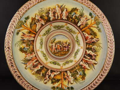 VINTAGE ELEGANTE PIATTO PARATA CENTROTAVOLA CERAMICA CAPODIMONTE PUTTI A SBALZO