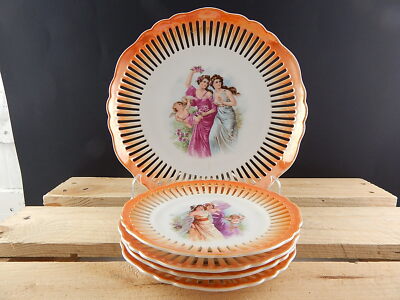 ANTICO LIBERTY 1920 SERVIZIO DESSERT 5 PIATTI TRAFORATI PORCELLANA BOEMIA UNION