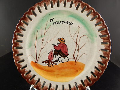 PIATTO DECORATIVO TRAFORATO MAIOLICA CERAMICA BASSANO NOVE DIPINTO INVERNO