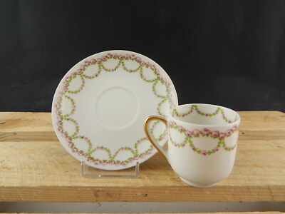 ANTICA TAZZA PORCELLANA ART NOUVEAU LIBERTY GDA LIMOGES PRIMO 900 GHIRLANDE ROSE