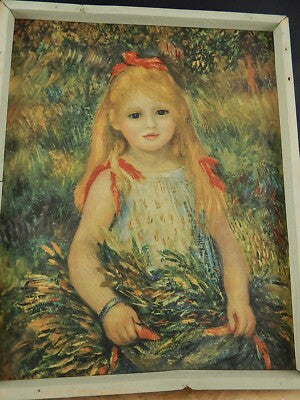 VINTAGE STAMPA OLEOGRAFICA SU TELA BAMBINA TRA I FIORI DI RENOIR IMPRESSIONISMO