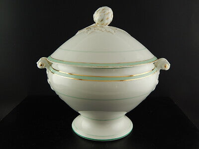 ANTICA RARA ZUPPIERA PORCELLANA VIEUX PARIGI BIANCA PROFILI VERDI E ORO FINE 800