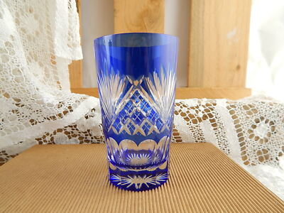 ANTICO RARO BICCHIERE BOCCALE CRISTALLO ART DECO BLU INCISO PUNTA DIAMANTE