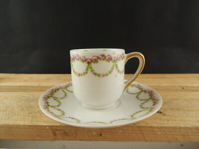 ANTICA TAZZA PORCELLANA ART NOUVEAU LIBERTY GDA LIMOGES PRIMO 900 GHIRLANDE ROSE