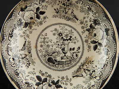 ANTICO RARO AUTENTICO PIATTO VITTORIANO ROMANTICO SEMI PORCELLANA BIANCA NERA