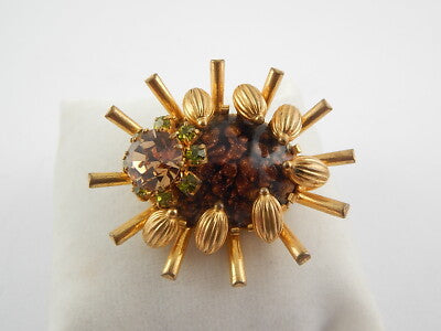 ANTICA SPILLA GIOIELLO INSETTO VITTORIANA INGLESE DORATA CON CRISTALLI CITRINI