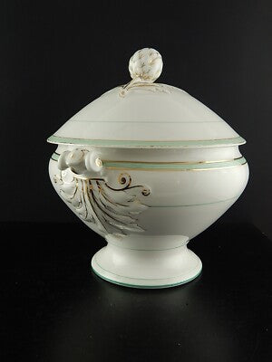 ANTICA RARA ZUPPIERA PORCELLANA VIEUX PARIGI BIANCA PROFILI VERDI E ORO FINE 800