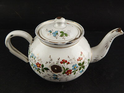 ANTICA RARA TEIERA LATTA SMALTATA ANNI 20 DECORO FLOREALE DIPINTO MANO FRANCESE