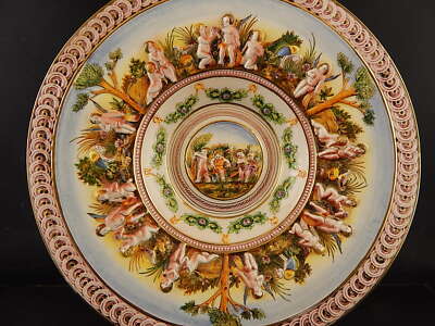 VINTAGE PREZIOSO PIATTO PARATA CENTROTAVOLA CERAMICA CAPODIMONTE PUTTI A SBALZO