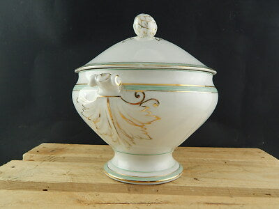 ANTICA ELEGANTE ZUPPIERA PORCELLANA VIEUX PARIS BIANCA DECORI VERDE ORO FINE 800