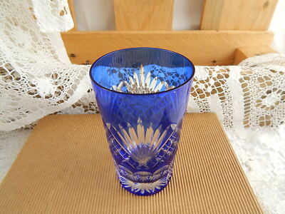 ANTICO RARO BICCHIERE BOCCALE CRISTALLO ART DECO BLU INCISO PUNTA DIAMANTE