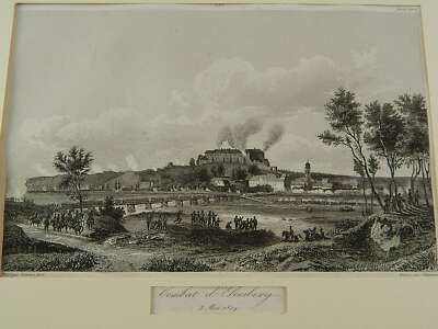 ANTICA STAMPA INCISIONE XIX SECOLO COMBAT DI EBELSBERG 1809 DISEGNO SIMEON FORT