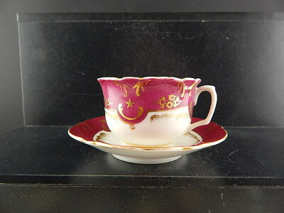 ANTICA PREZIOSA TAZZA E PIATTINO PORCELLANA PARIGI PRIMO 1800 BIANCO PORPORA ORO